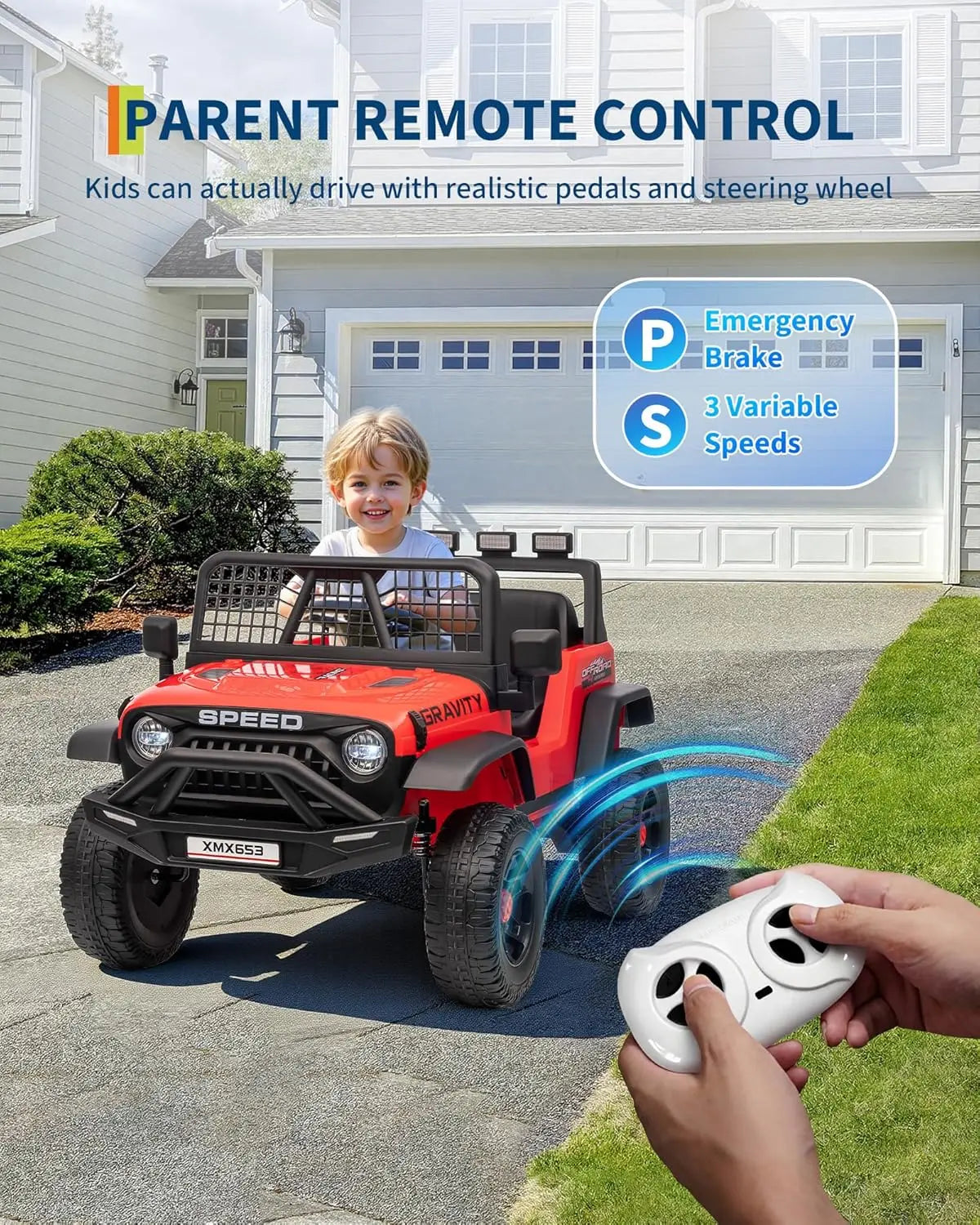 12V Kids Ride On Truck  w/Parent Remote , 3 Speeds, Emergency Braking, LED Lights, Music & Horn Kids