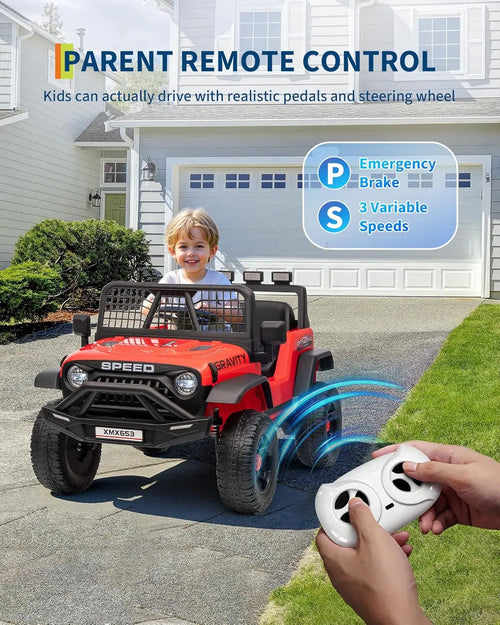 12V Kids Ride On Truck  w/Parent Remote , 3 Speeds, Emergency Braking, LED Lights, Music & Horn Kids