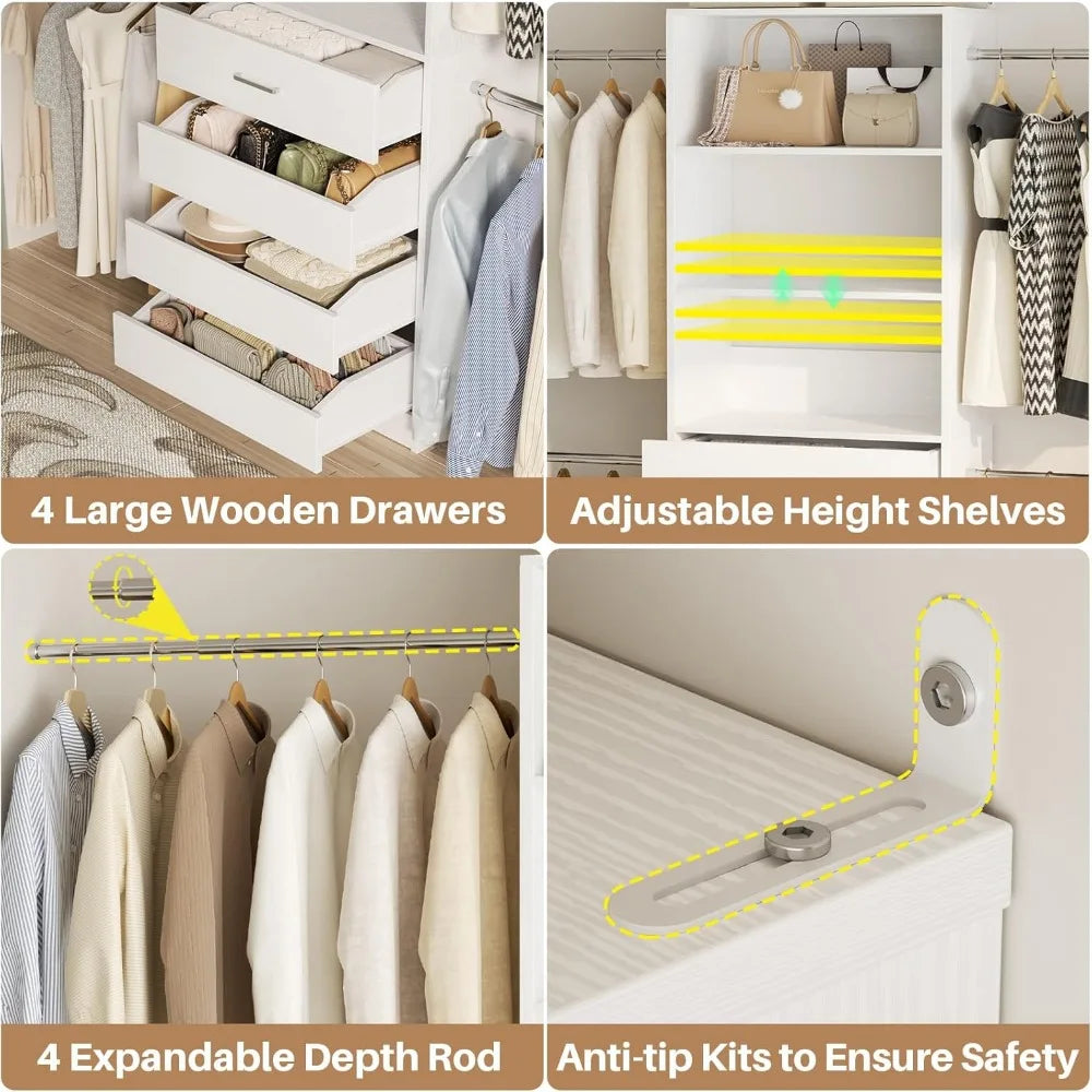 , 4-9Ft Closet Organizer with 4 Wooden Drawers,