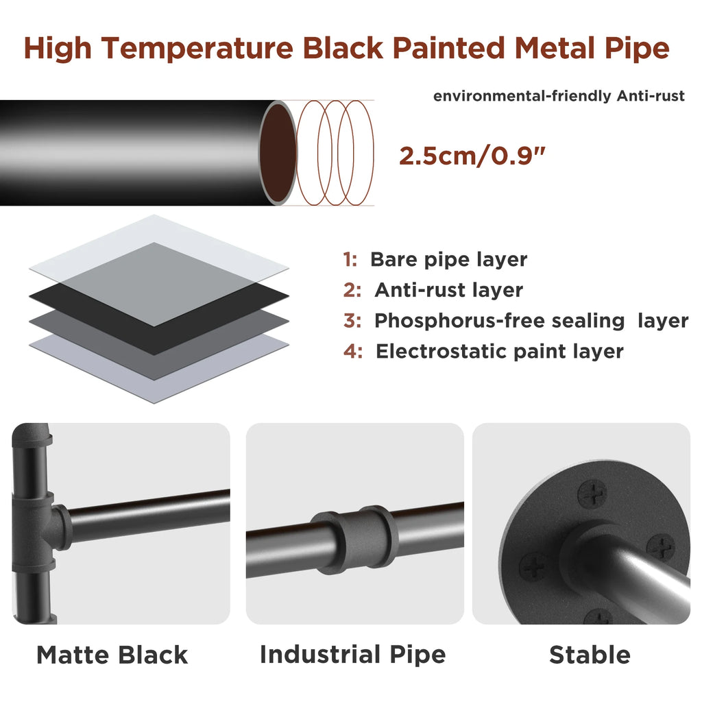 180cm  Garment Home Rail Industrial Pipe  Space Saving  with 3 Hooks
