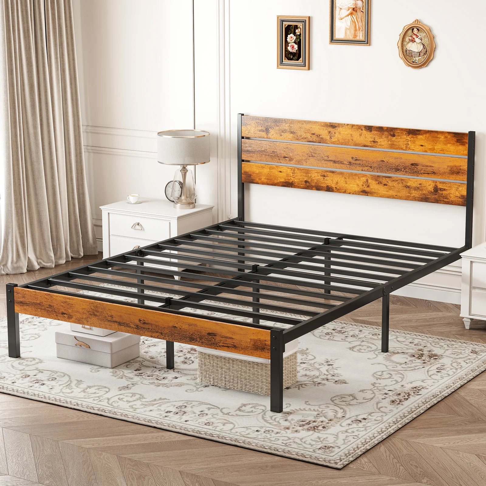 Wooden Headboard and Metal Platform Bed Frame No Box Spring Needed , 700LBS Sturdy Wooden Slats Support