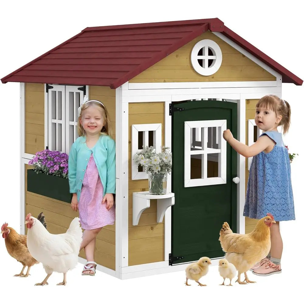 Children's Wooden Playhouse with Doors, Windows, and Planters,