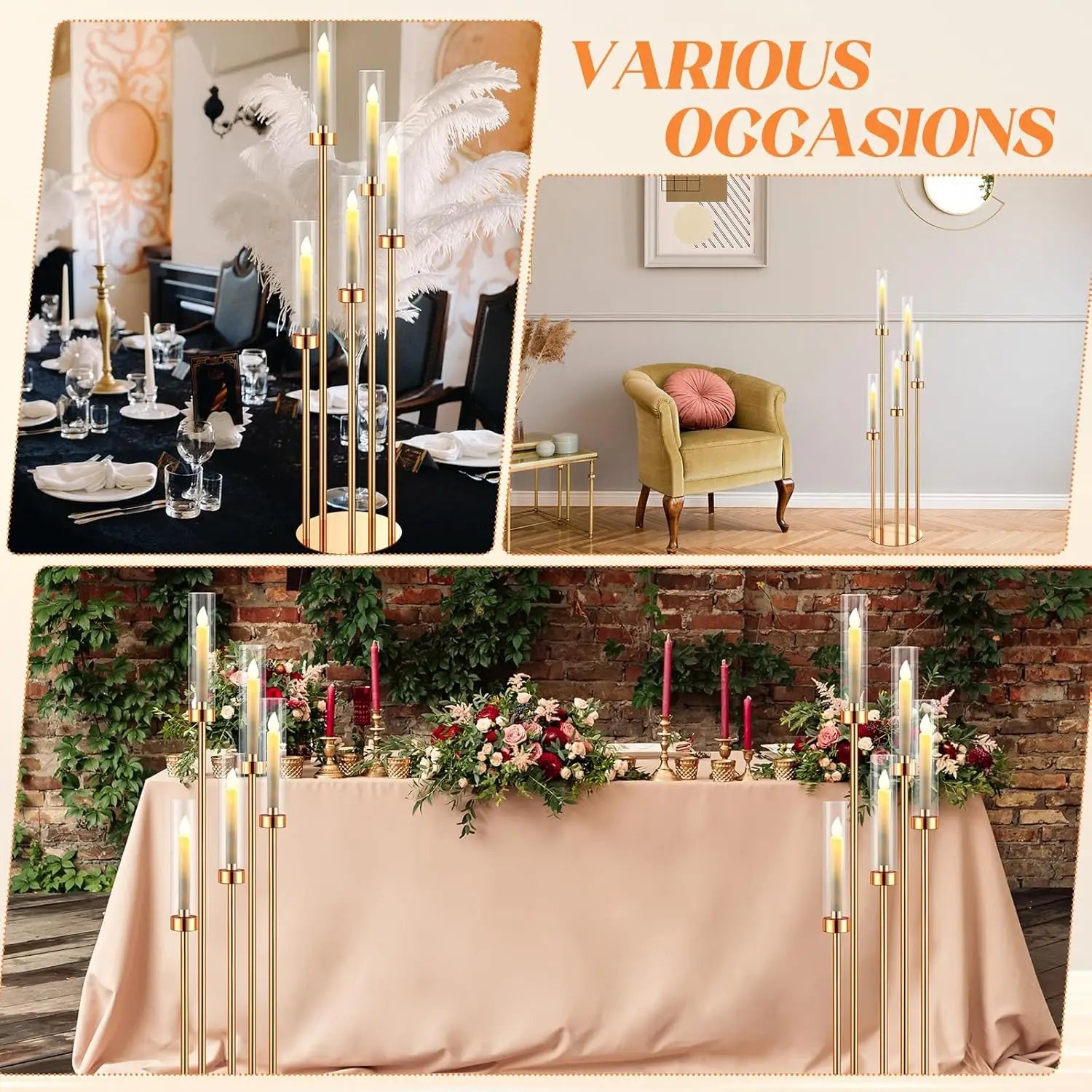 4 Set Floor Candelabra  5 Arm 42.5'' Metal Candlestick Set with Acrylic Lampshade