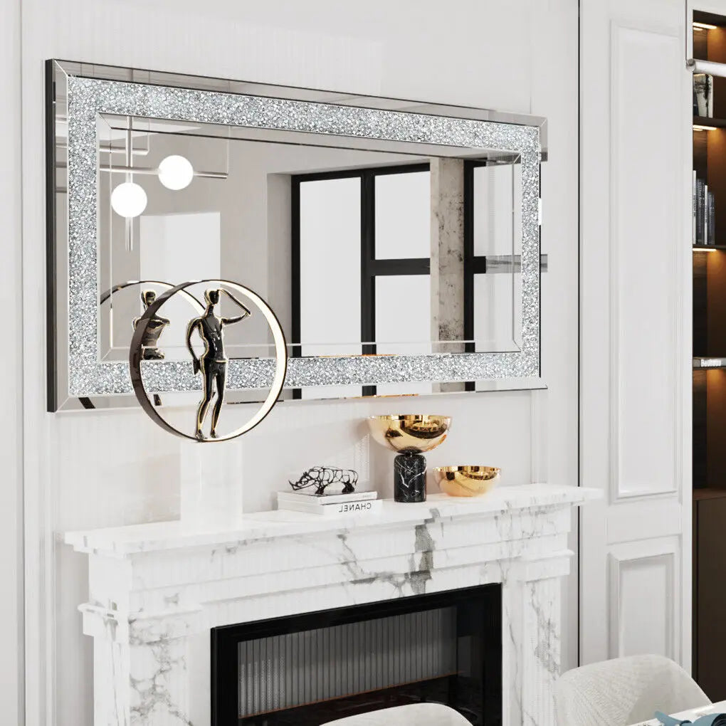 LUVODI Large Silver Rhinestone Vanity Mirror Frameless Crystal Diamond Wall Mirror for Bedroom, Bathroom.