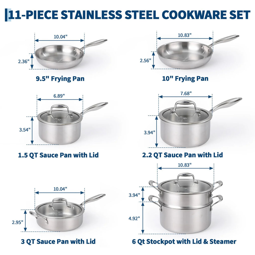 3 Ply Stainless Steel 11-Piece Cookware Set with Lids,
