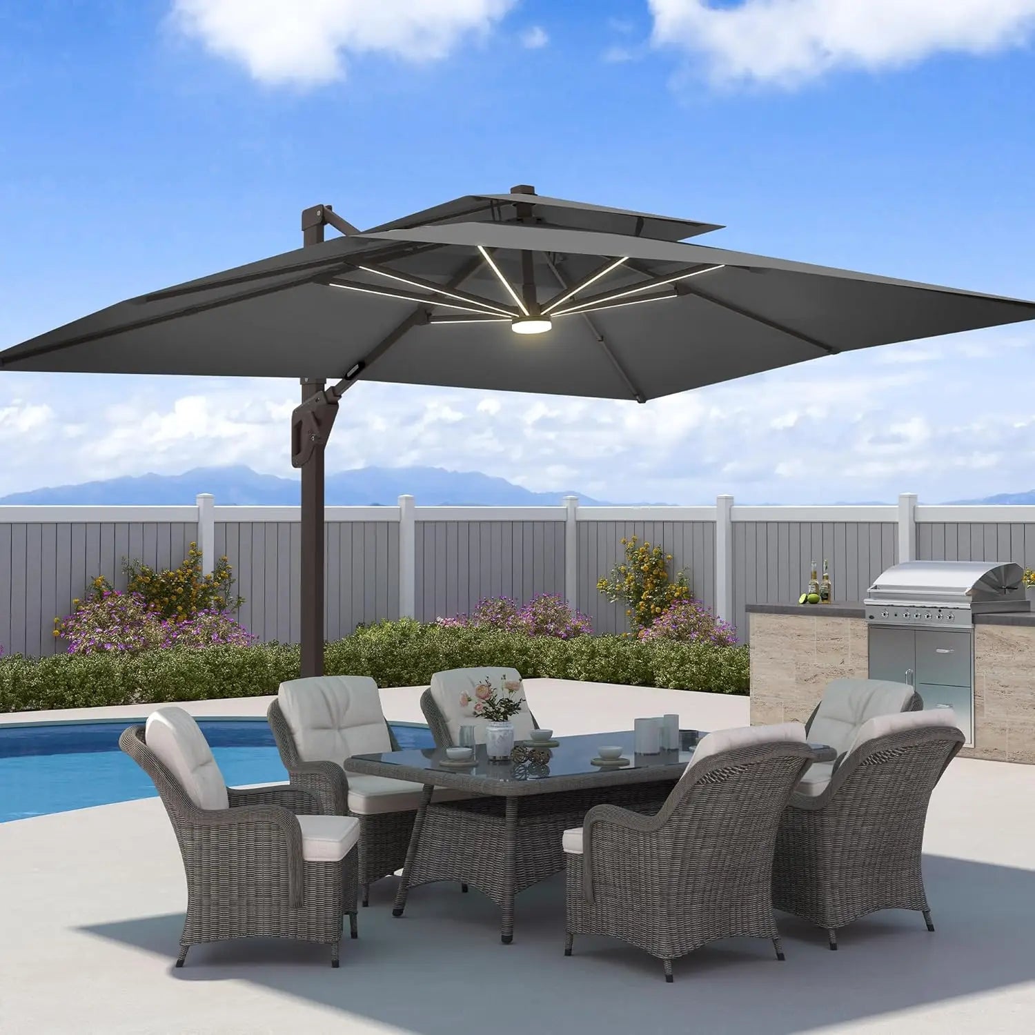 9x12 FT Offset  Patio Umbrella with LED Lights  Rectangle Aluminum