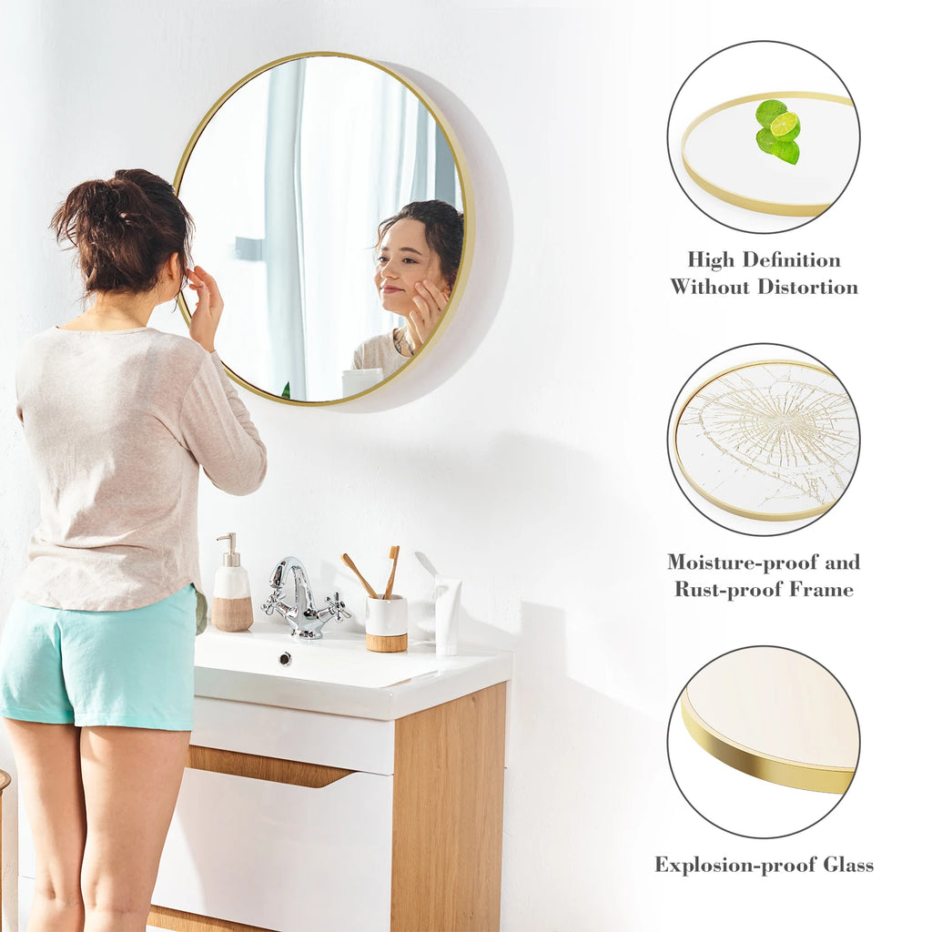 JHK 30"Gold Round wall  Mirror  Matte Metal Framed  Tempered Glass