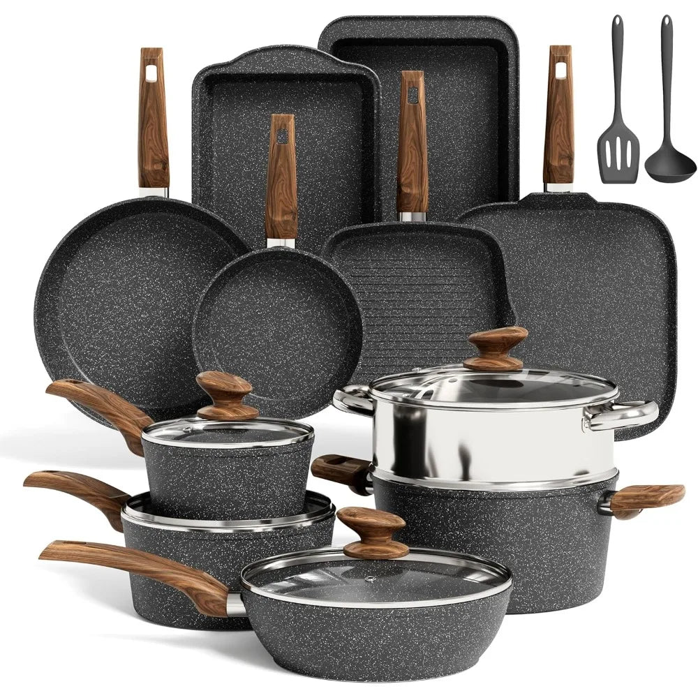 17Pcs Induction Cookware Sets, Granite Pots and Pans Non Stick, Black