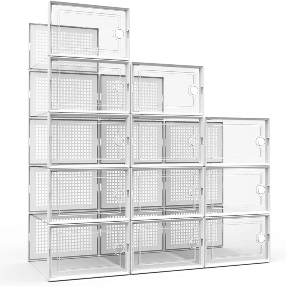 12-Pack Transparent Plastic Stackable Shoe Storage Boxes Foldable Shoe Racks
