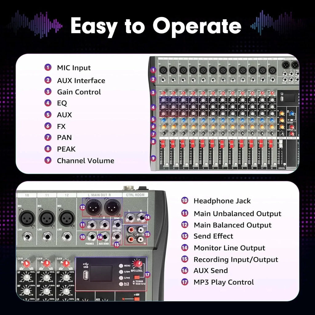 12-channel  DJ audio mixer with  USB  Bluetooth input, 48V, Phantom Power, for recording and podcasting