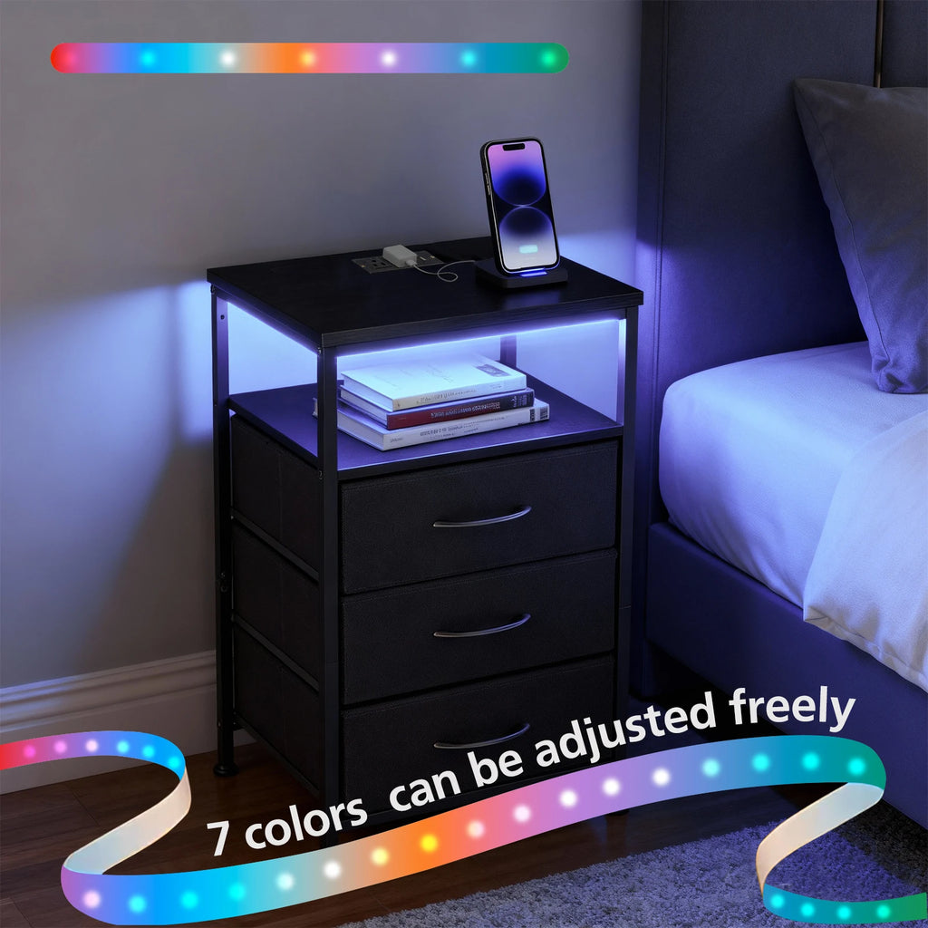 3 =Drawer Fabric Nightstand with Charging Station, USB-C Ports & Outlets