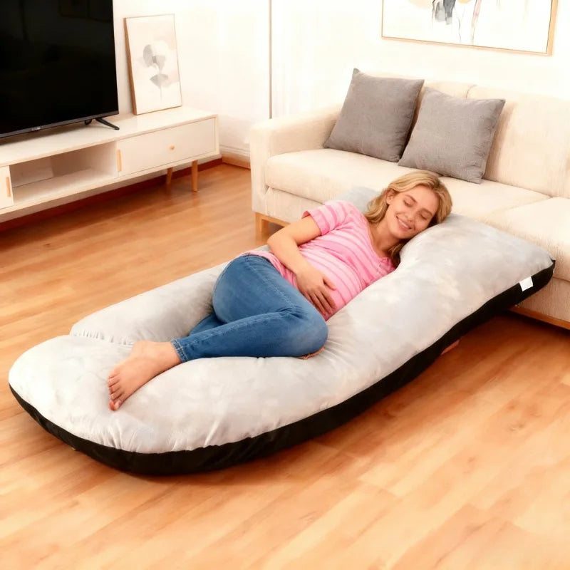 Oversized J-Shaped Pregnancy Pillow - Full Body Support with Soft Velvet-Like Cover