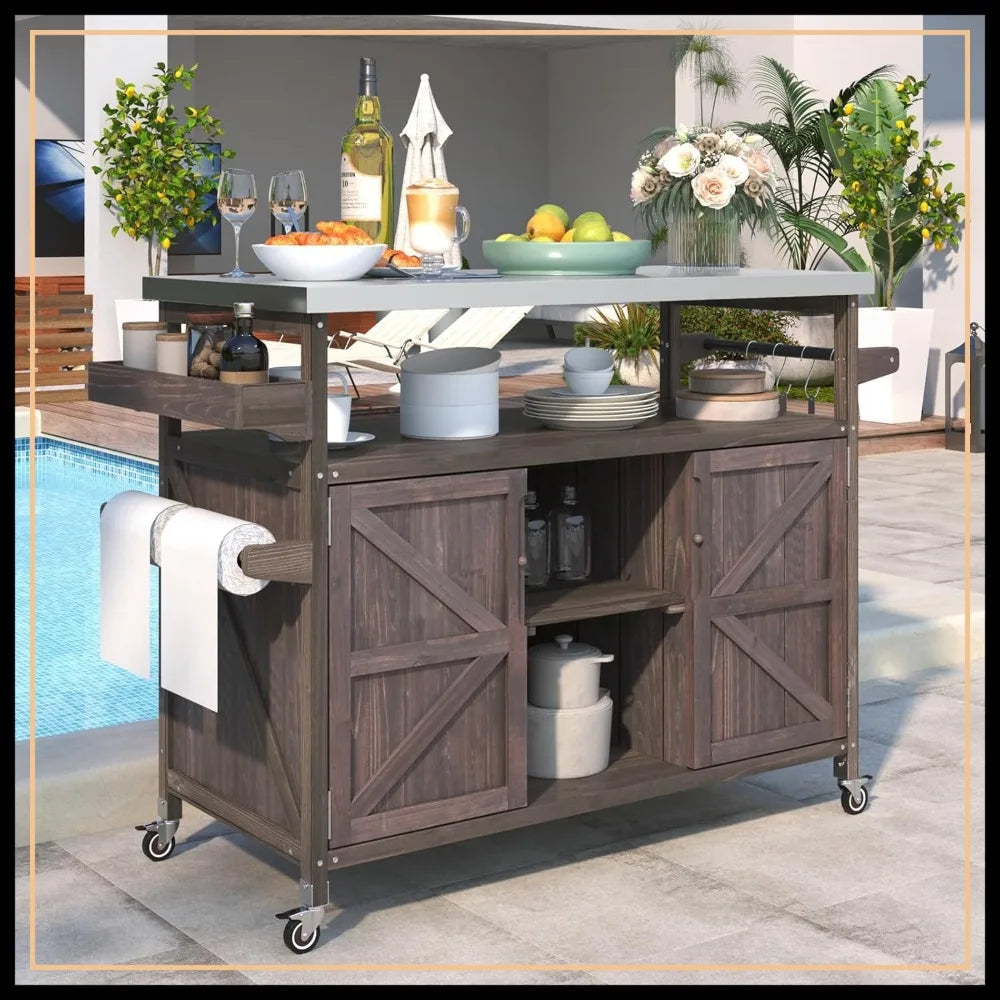 Outdoor Bar Cart with Storage, Portable Rolling Kitchen Island, Stainless Steel Top for Grill  Dark Brown