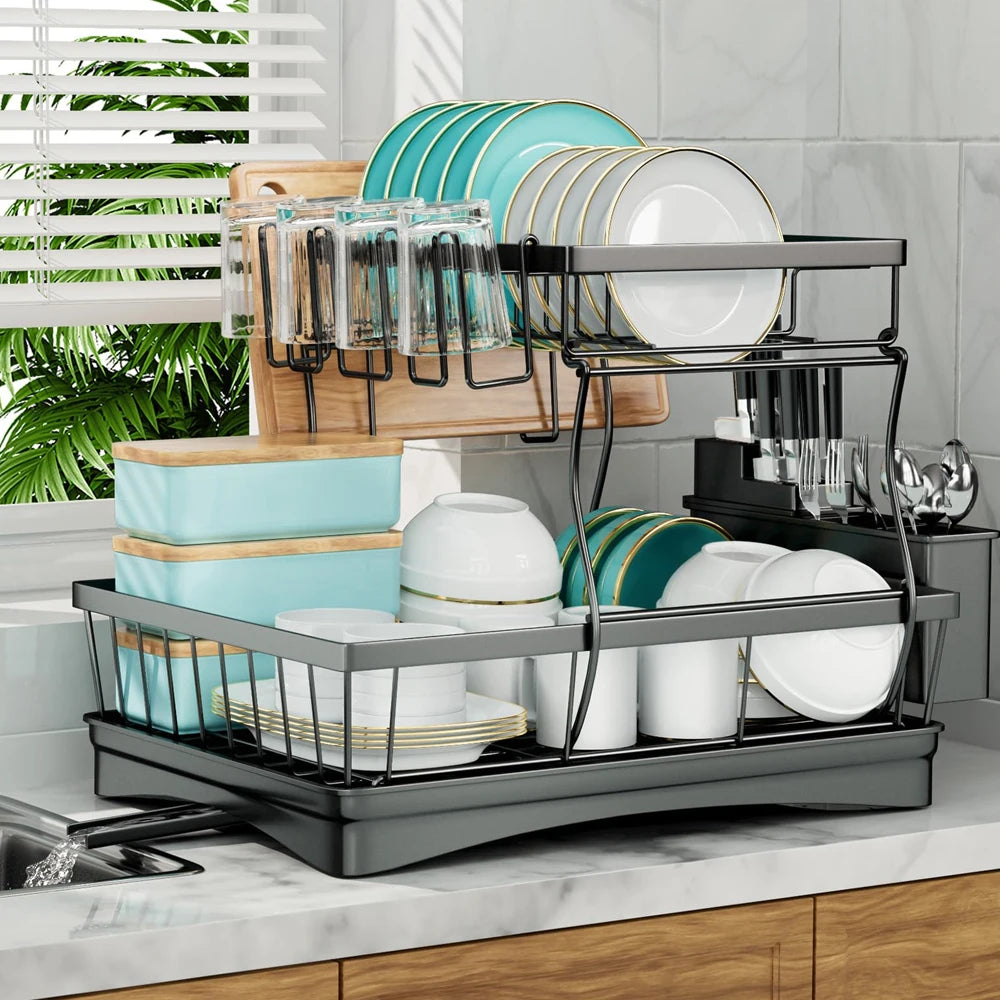 Large 2-tier dish drying rack for kitchen countertops, removable & large capacity