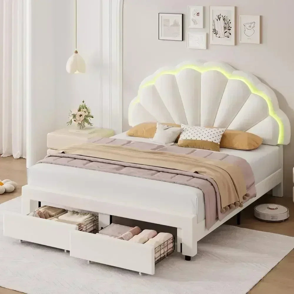 Upholstered LED Bed with Storage Drawers, Adjustable Headboard, Solid Wood Slat Support,
