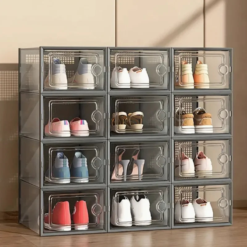 12-Pack Transparent Plastic Stackable Shoe Storage Boxes Foldable Shoe Racks