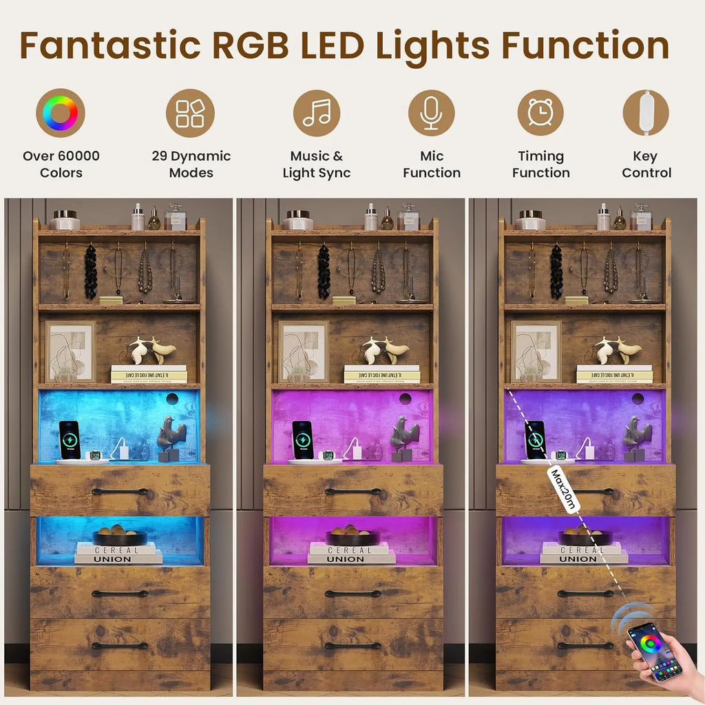 Tall LED Nightstand with Charging Station,  Rustic brown, Bedside Table