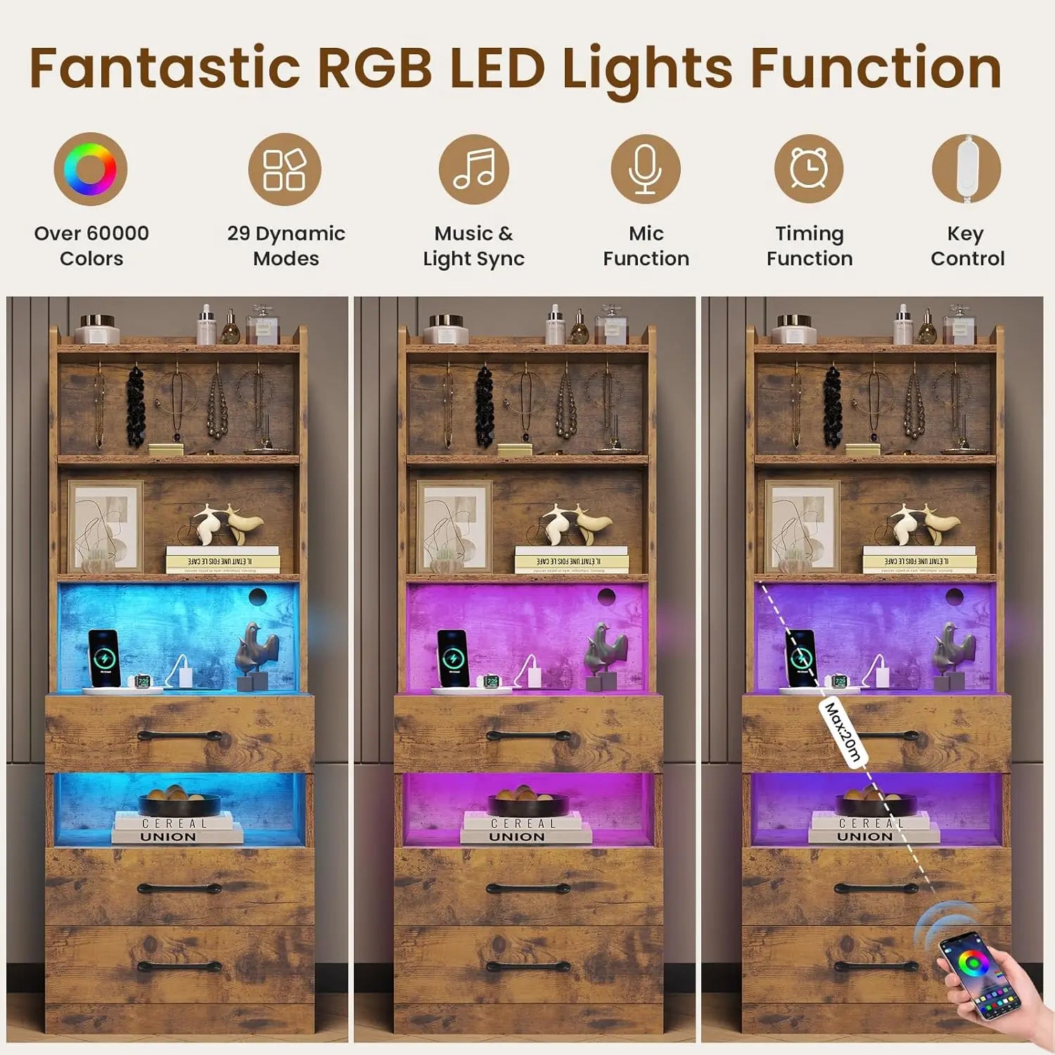 Tall LED Nightstand with Charging Station,  Rustic brown, Bedside Table