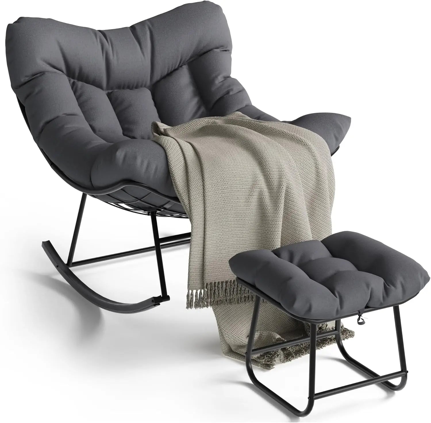 Outdoor Oversized Papasan Rattan Egg  Rocking Chair with Footrest, For, Patio ,  Balcony, Backyard ,Porch, Bedroom.