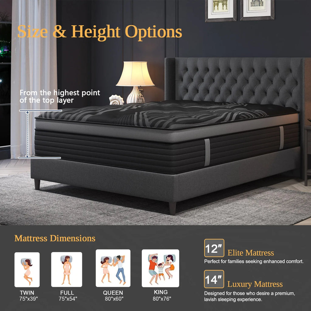 12"14" Gel Memory Foam Hybrid Pocket Spring Mattress, Medium Firm, Motion Isolating,  Twin/Full/ Queen /King  Mattress In A Box,