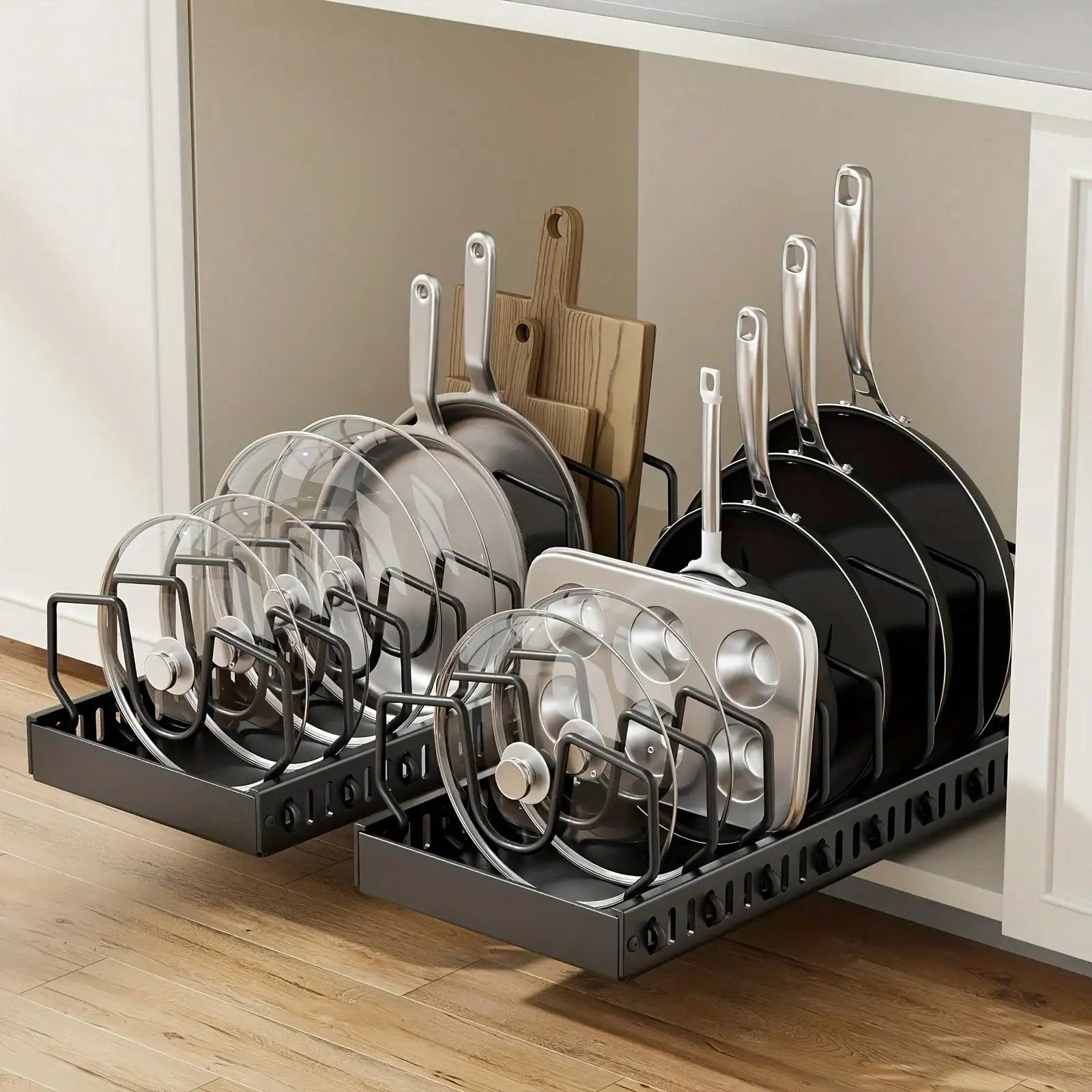 Pull-Out Pot And Pan Organizer, 10 Adjustable Dividers, , No Drill, Heavy Duty, Expandable,  16.93-23.23 Inches,