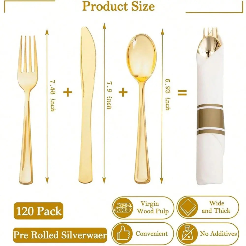 Pre Rolled Gold Plastic Cutlery Set, with Gold Napkin, Disposable