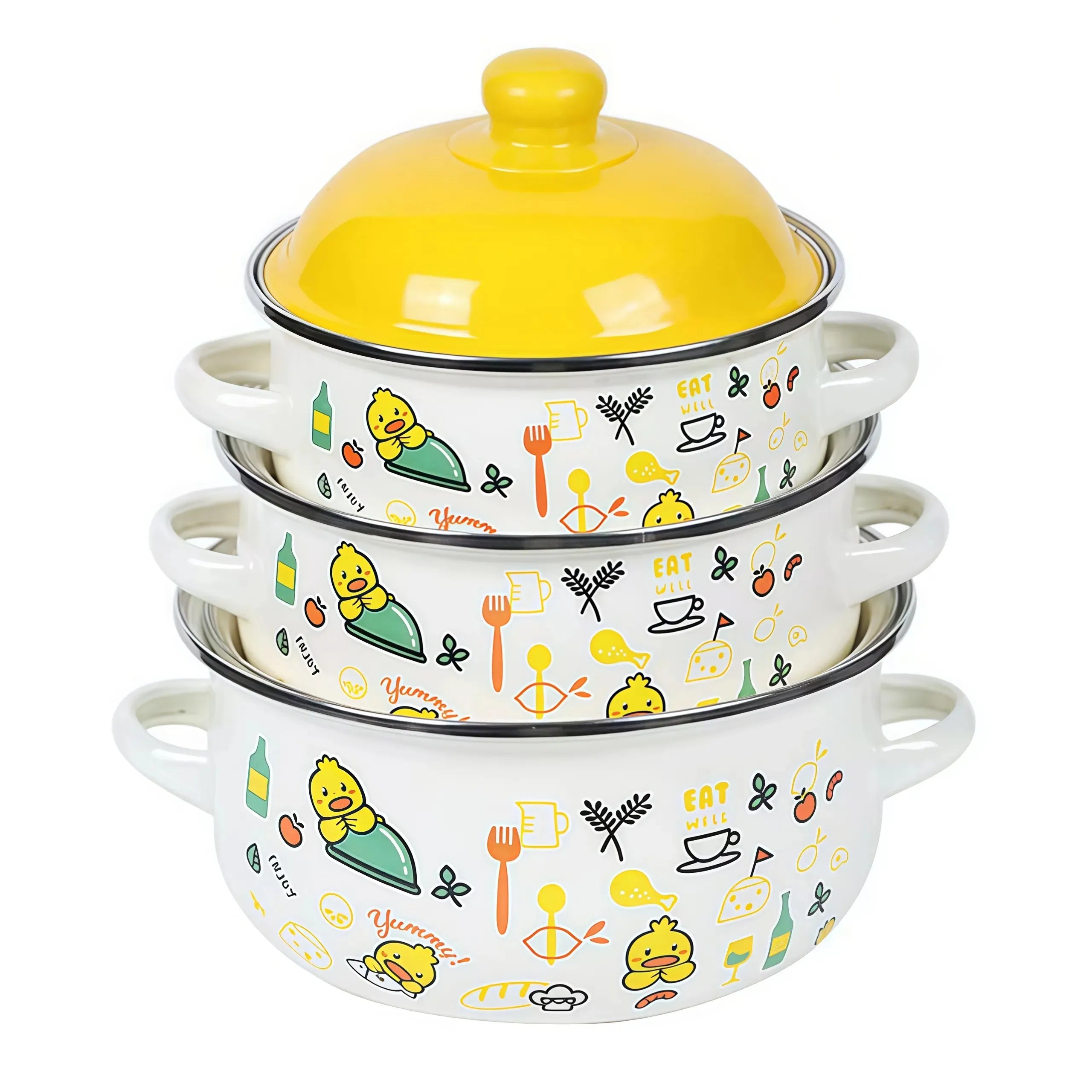 3Pcs Vintage Enamel Stock Pot Set with Lids,  Dual Handles & Flat Bottoms  for Induction & Gas Stoves