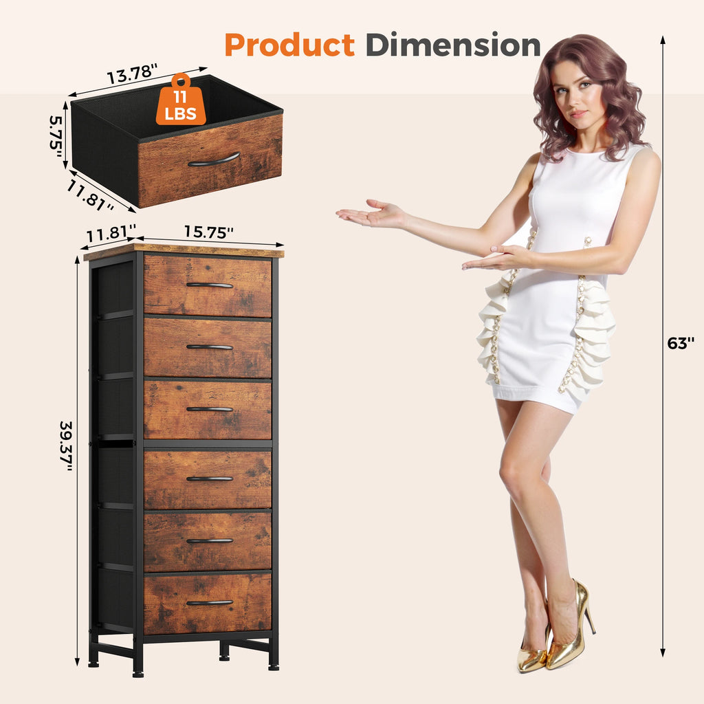 Tall 6 Fabric Drawer Dresser  for Bedroom Wood Top and Metal Frame Skinny Chest