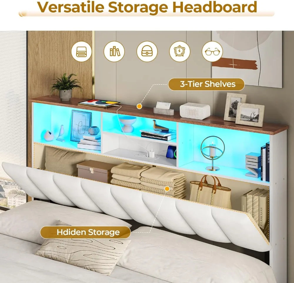 Queen Bed Frame with LED Lights, Charging Station & 4 Storage Drawers - No Box Spring Needed,
