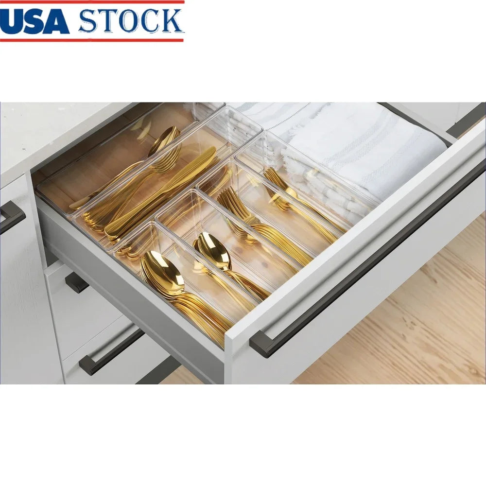 6 Piece Kitchen Drawer Organizer Set Modular Storage Bins BPA Free Clear Plastic