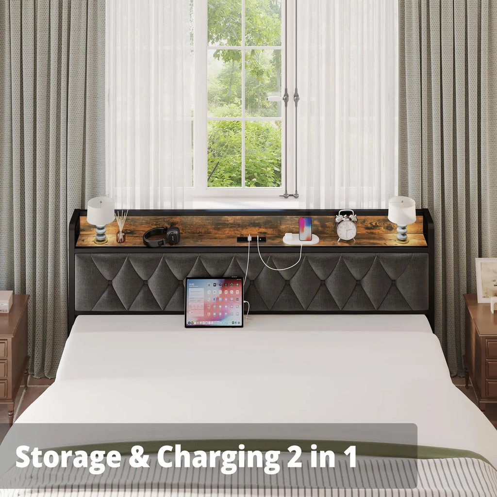 Twin/Twin XL/Full// Bed Frames, Storage Headboard with Outlets, No Noise, No Box Springs Needed