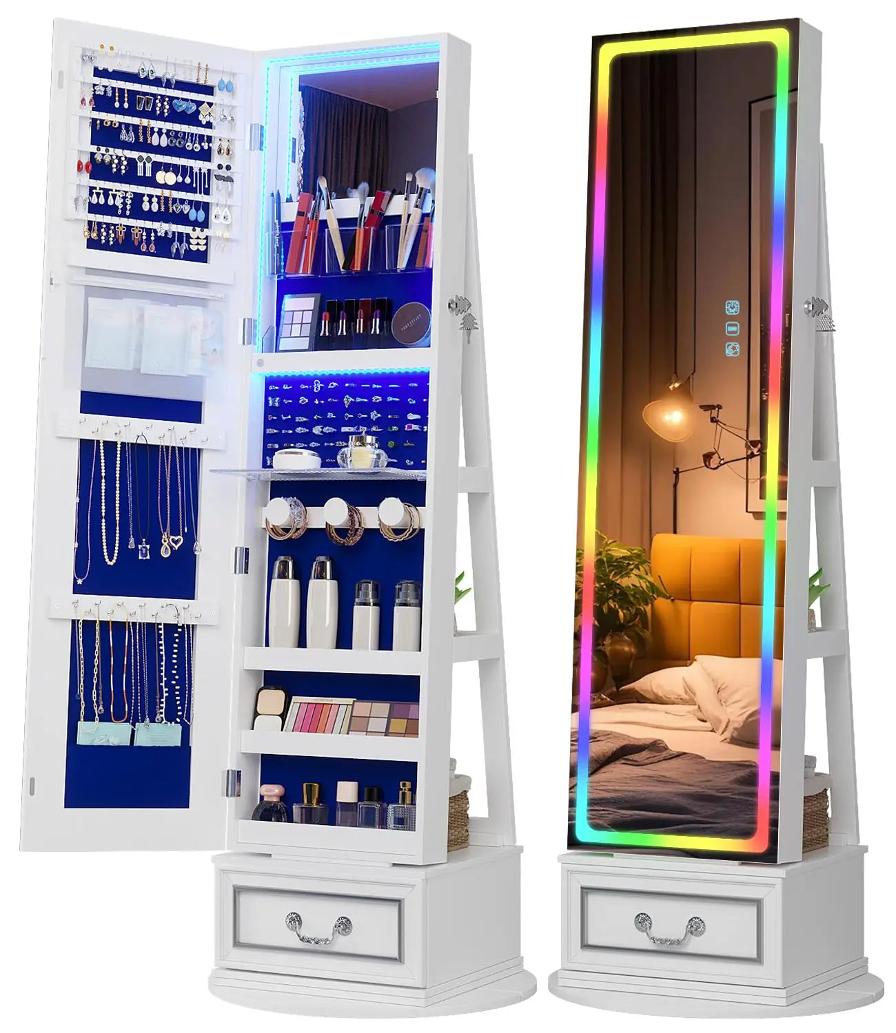 LED Full Length Standing Mirror Jewelry Cabinet with Lights, Lockable with Storage,