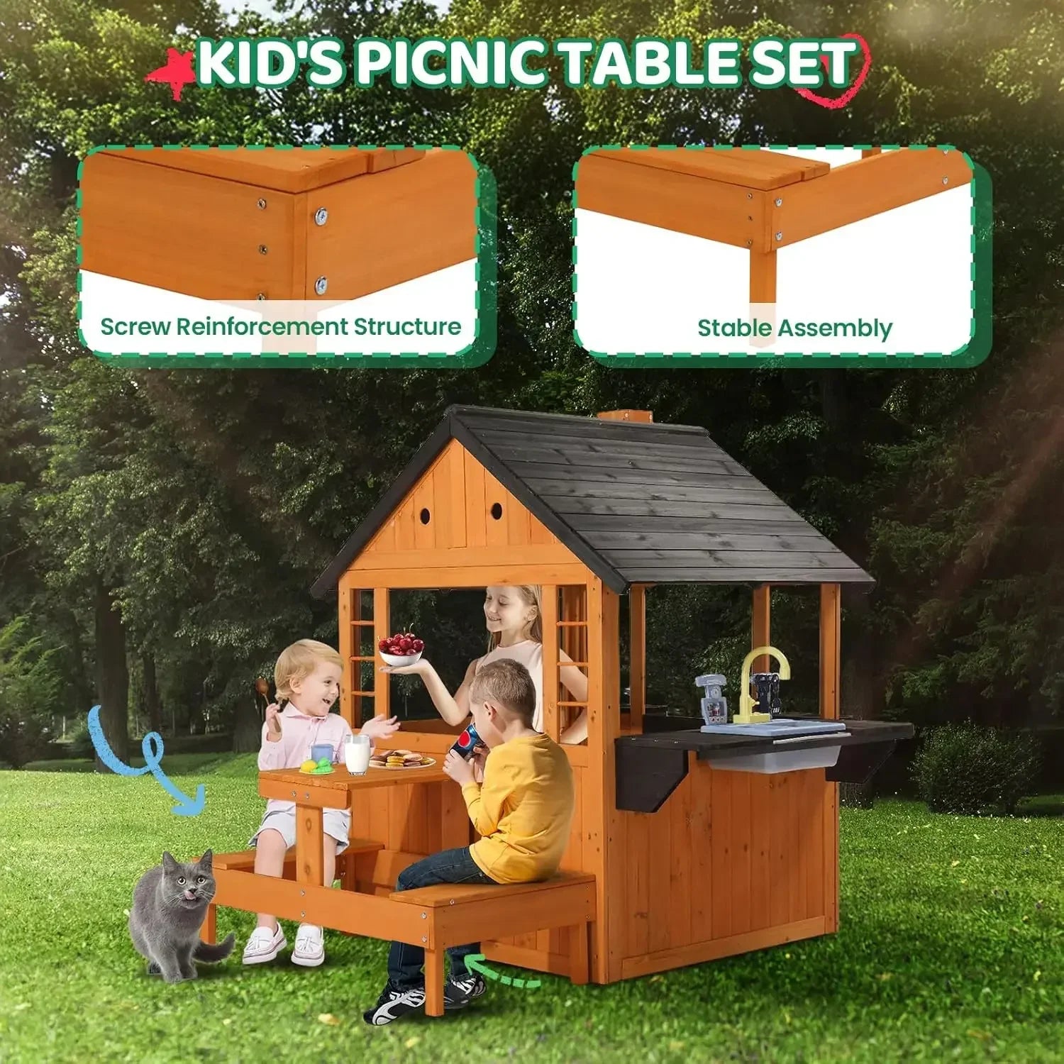 Kids Outdoor Playhouse with Sink Toys, Picnic Table, Mailbox, Spacious Wooden Toddler