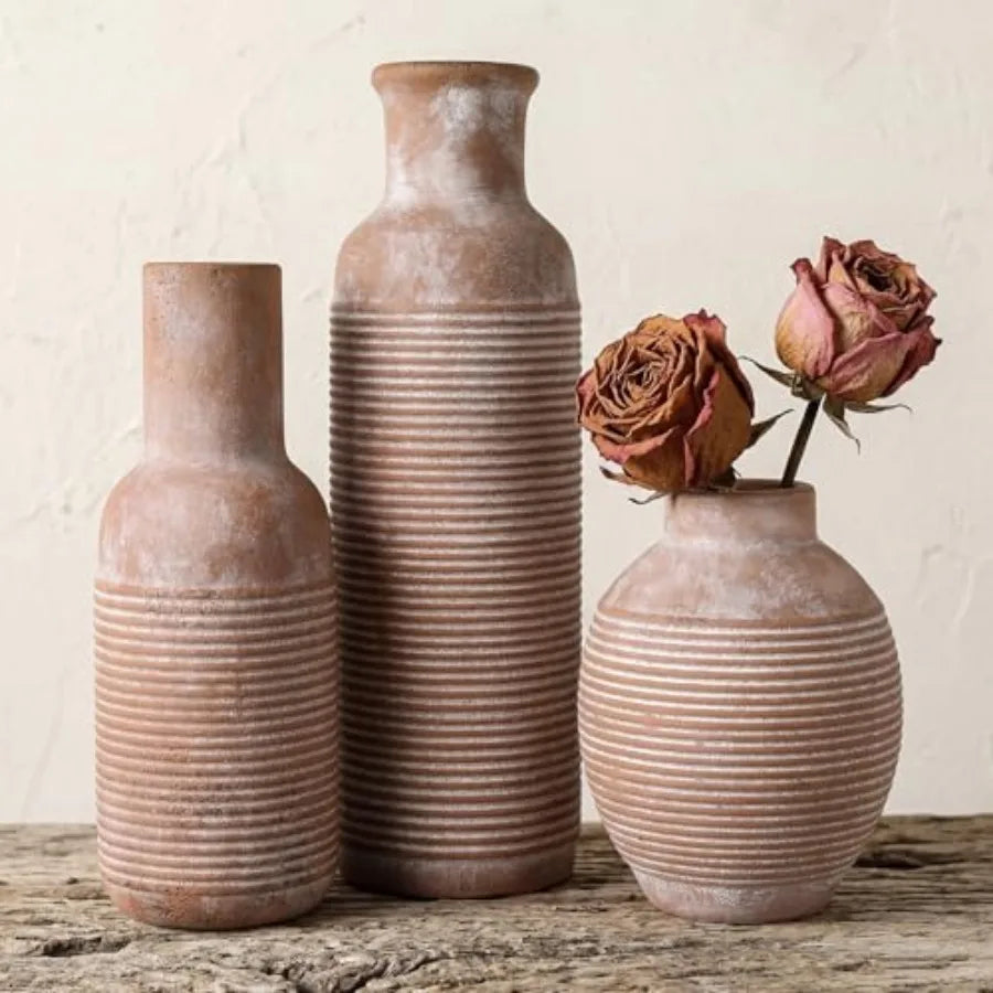 Rustic Farmhouse Ceramic Vase Set of 3 - - Pampas Grass Dried Fresh Flowers -