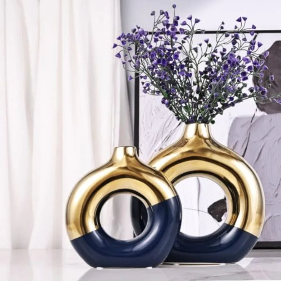Gold and Navy Blue Ceramic Donut Vase Set of 2,