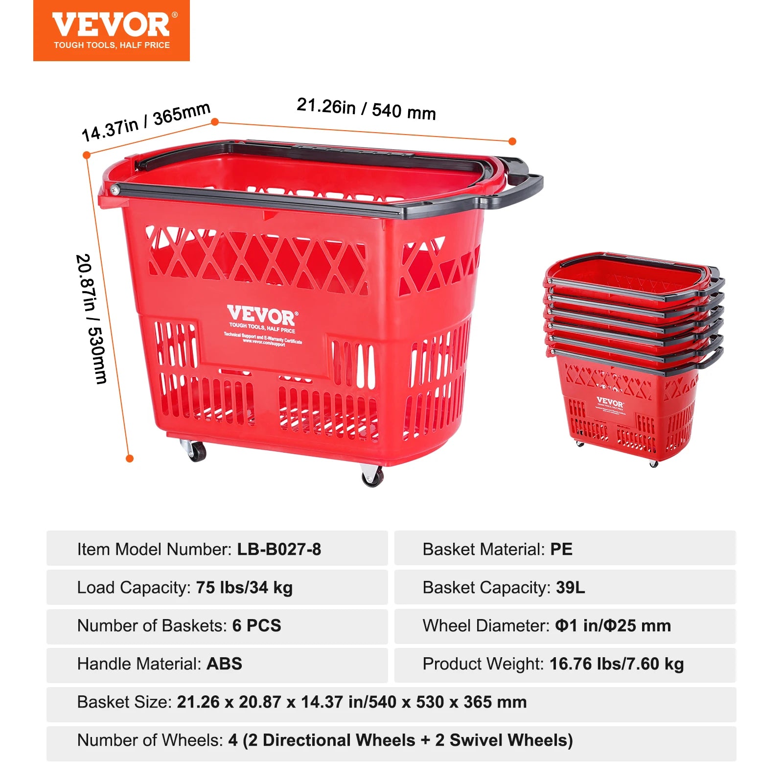 6PCS Shopping Rolling Baskets 39L Carts with Handles & Wheels Portable  for Supermarkets