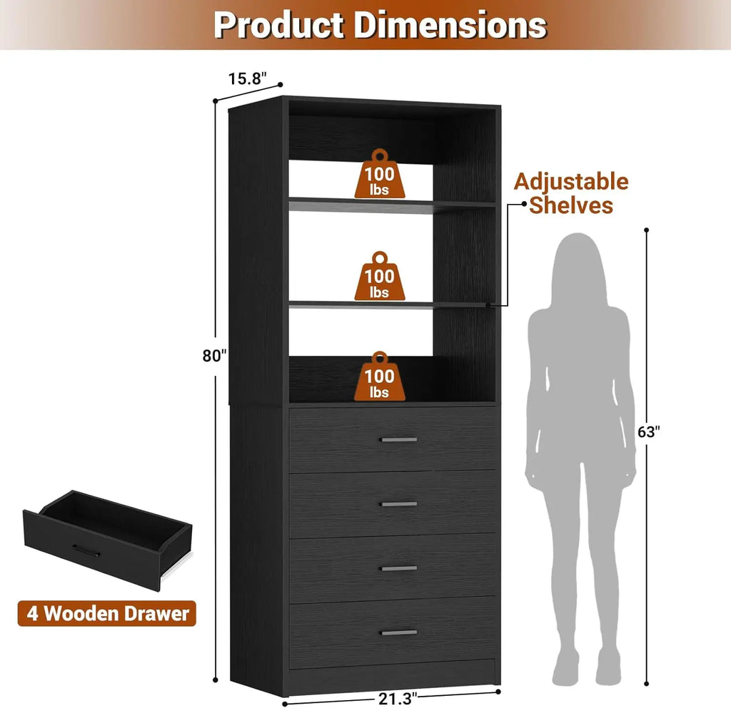 Closet Drawers Organizer, 21.3" Wood  with 4 Drawers,