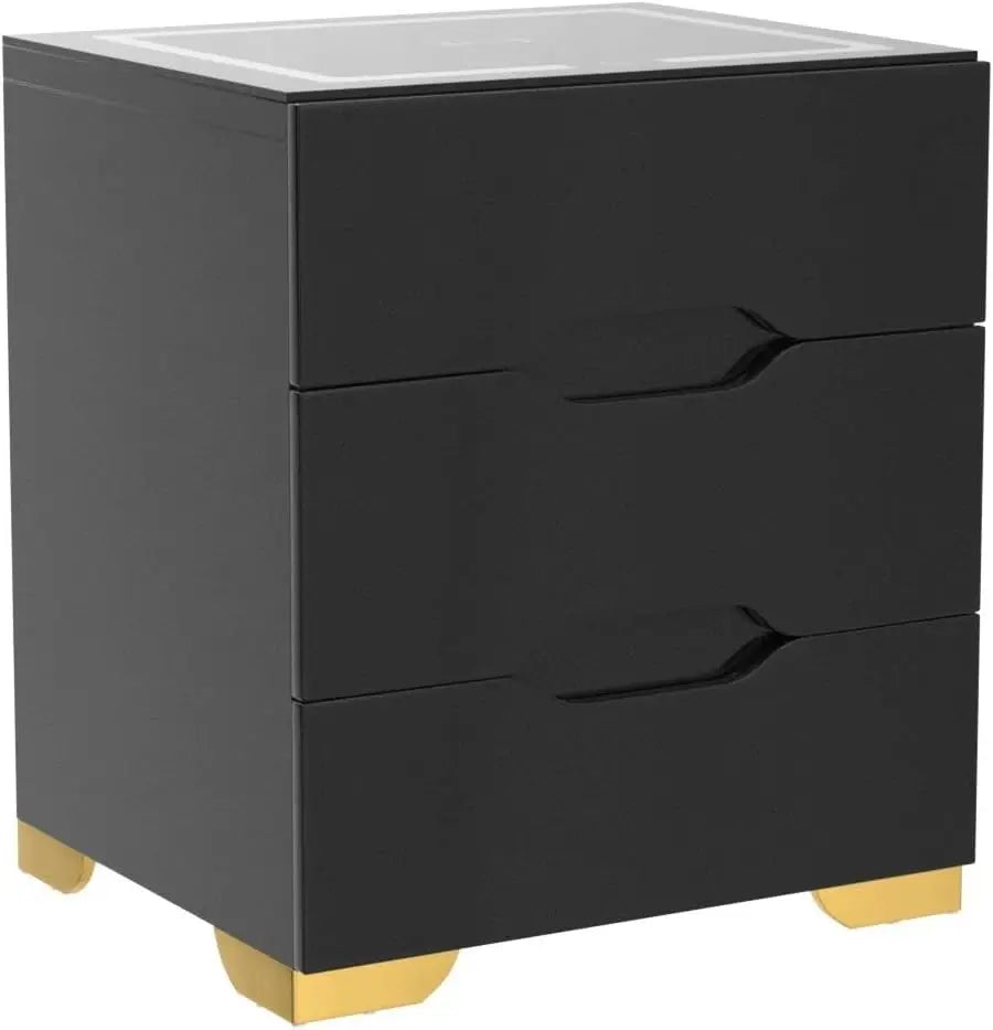 Black  LED Nightstand with Wireless Charger, USB  Ports & High-Gloss Finish