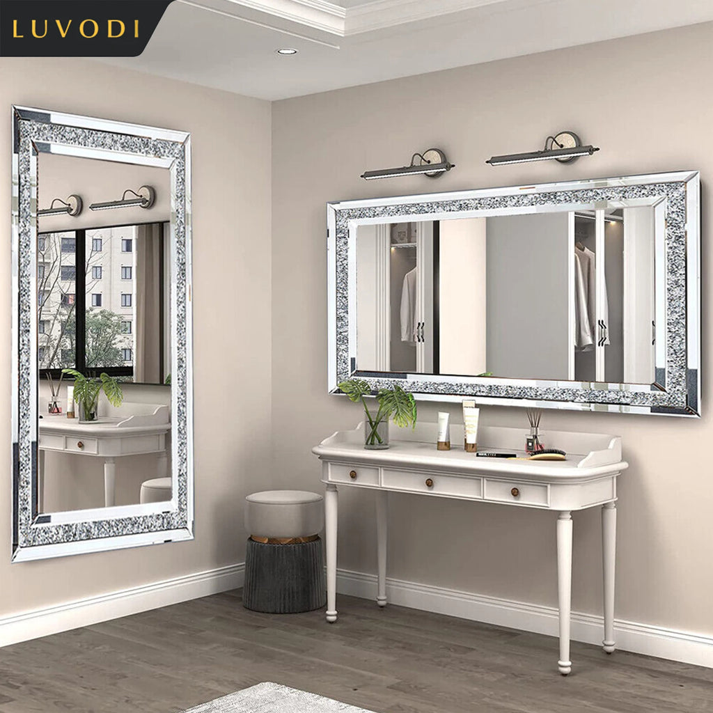 LUVODI Large Silver Rhinestone Vanity Mirror Frameless Crystal Diamond Wall Mirror for Bedroom, Bathroom.