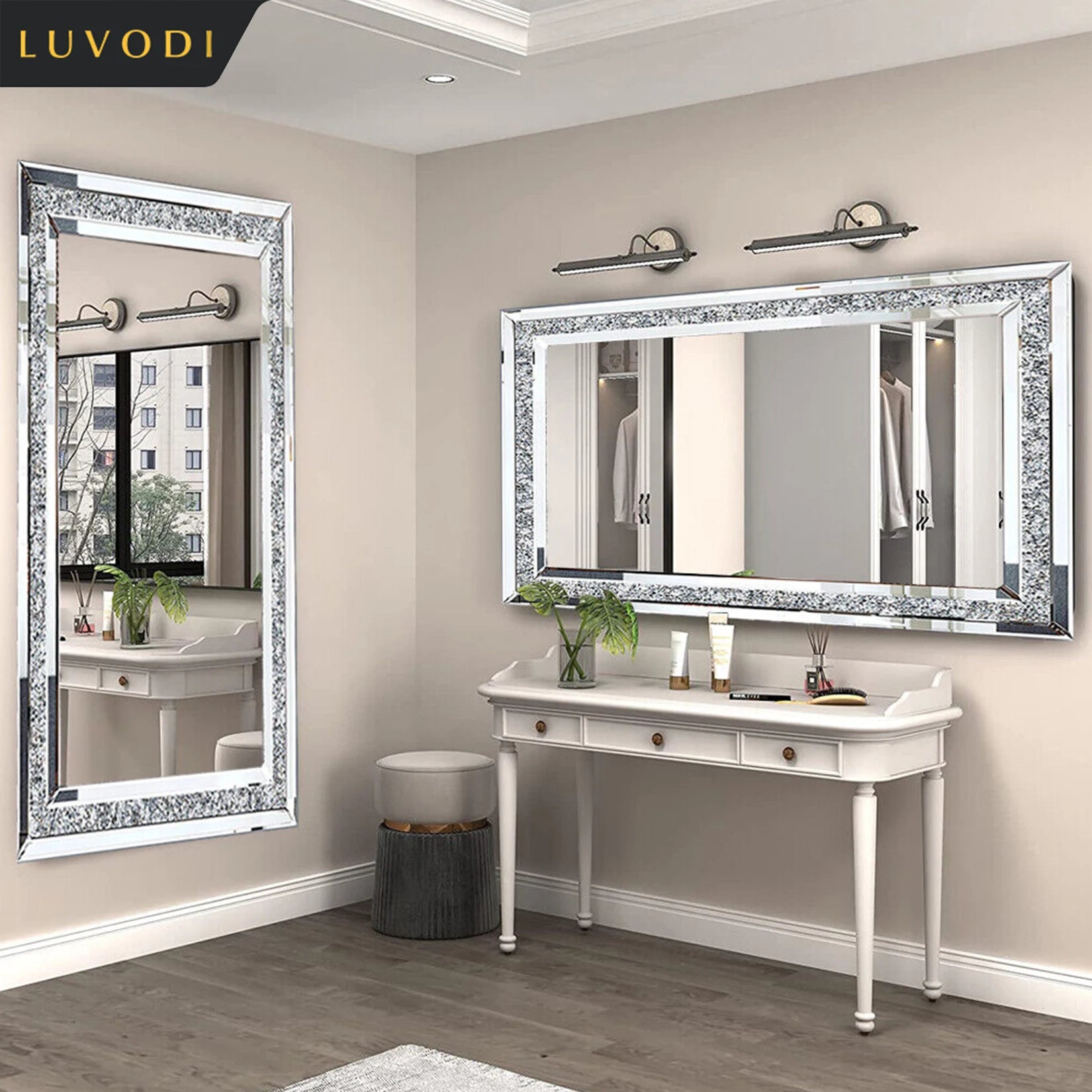 LUVODI Large Silver Rhinestone Vanity Mirror Frameless Crystal Diamond Wall Mirror for Bedroom, Bathroom.