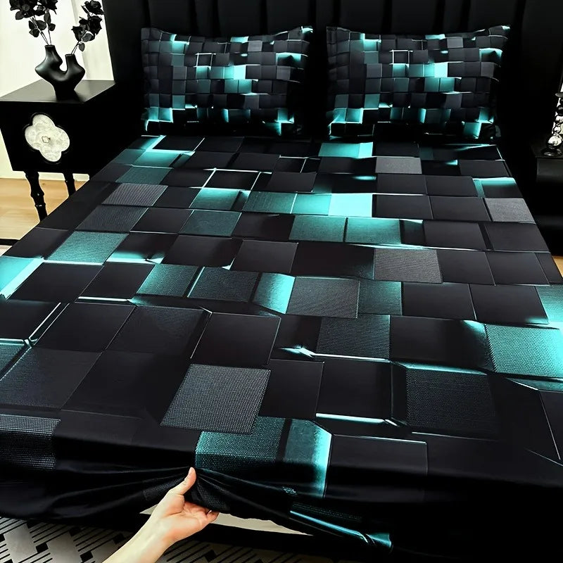 3pcs Cool  Digital Printing Material Plaid Fitted Sheet(1pc Bed Sheet+2pcs Pillowcase No Filling) Deep Pocket In 15 In