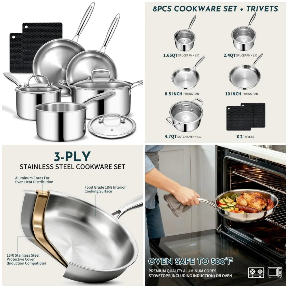 3 Ply Stainless Steel Cookware Set, 10-Pieces Pots and Pans, , Induction & Oven Safe