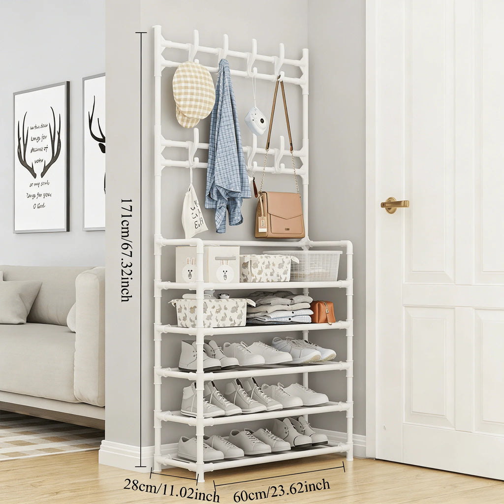 5- Standing Shoe Rack with Coat & Hat Hooks - Multi-Functional Entryway Storage Organizer