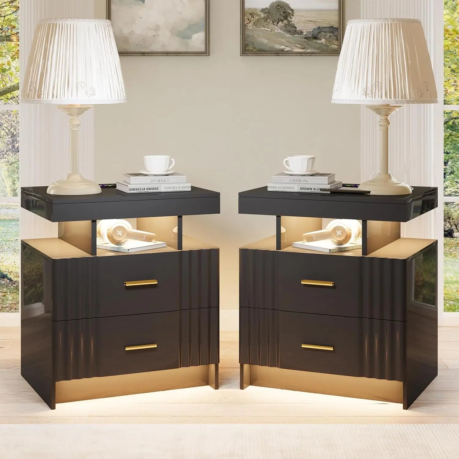 Black Night Stand Set 2  with Wireless Charging 3 Drawers Glass Top