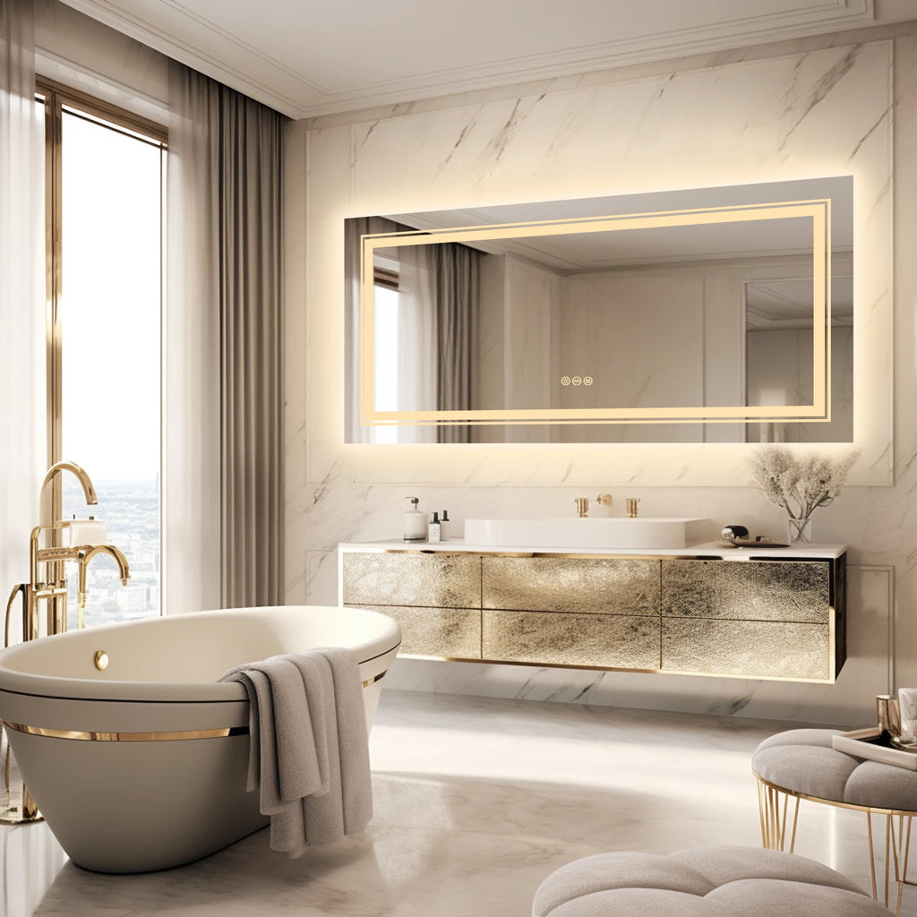 Extra Large Rectangle Bathroom Mirror LED  Dimmable Backlit Anti-Fog Memory with Front and Backlight Shatter-Proof