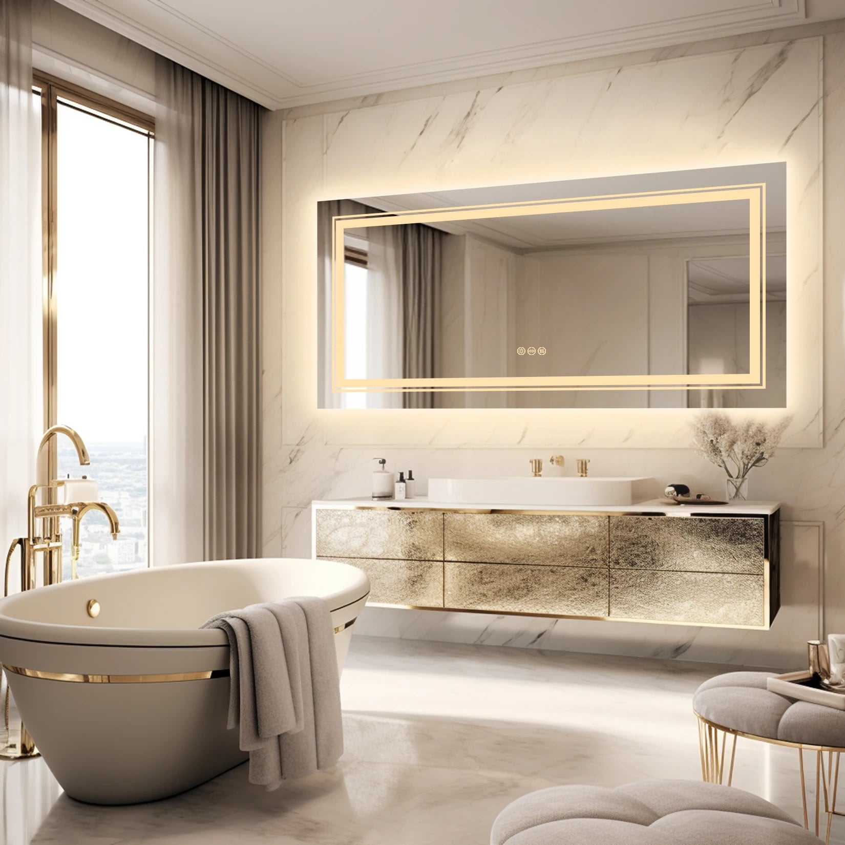 Extra Large Rectangle Bathroom Mirror LED  Dimmable Backlit Anti-Fog Memory with Front and Backlight Shatter-Proof