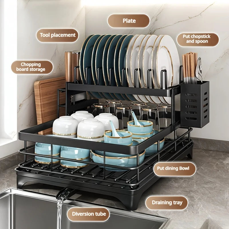 2-Tier Expandable Dish Drying Rack with Drainboard, Utensil Holder & Cutting Board Organizer