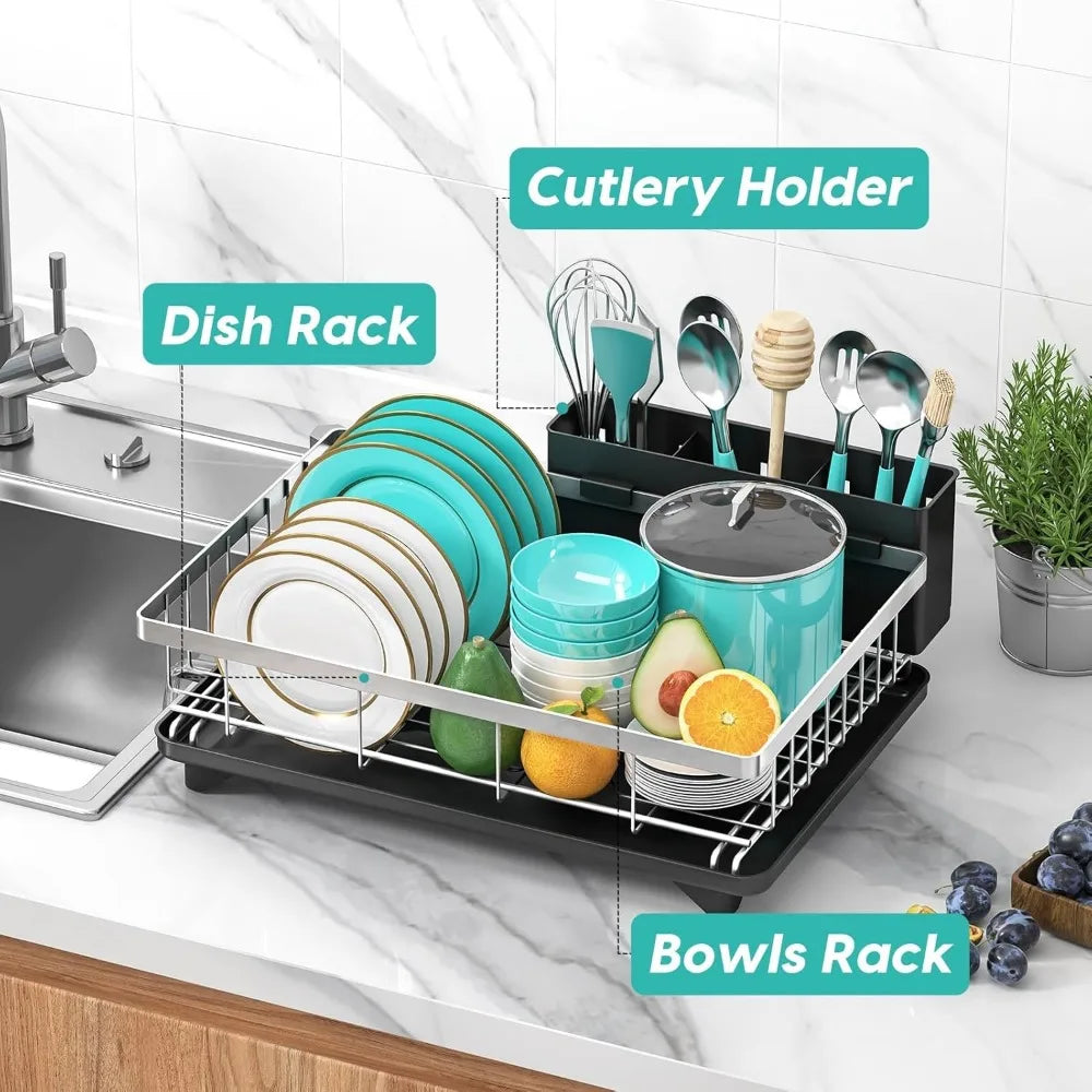 Rustproof Dish Drying Rack with Large 3-Compartment Utensil Holder for Kitchen Sink
