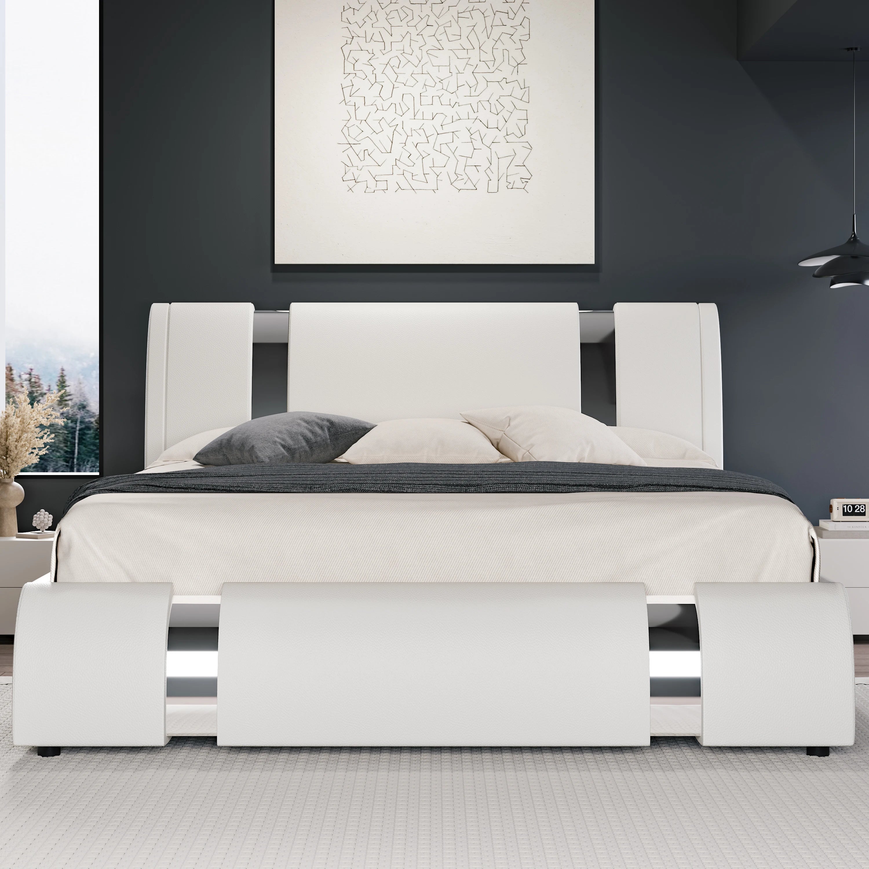 Faux Leather Bed Frame with Iron Pieces Decor, Low Platform  with Height-Adjustable Headboard