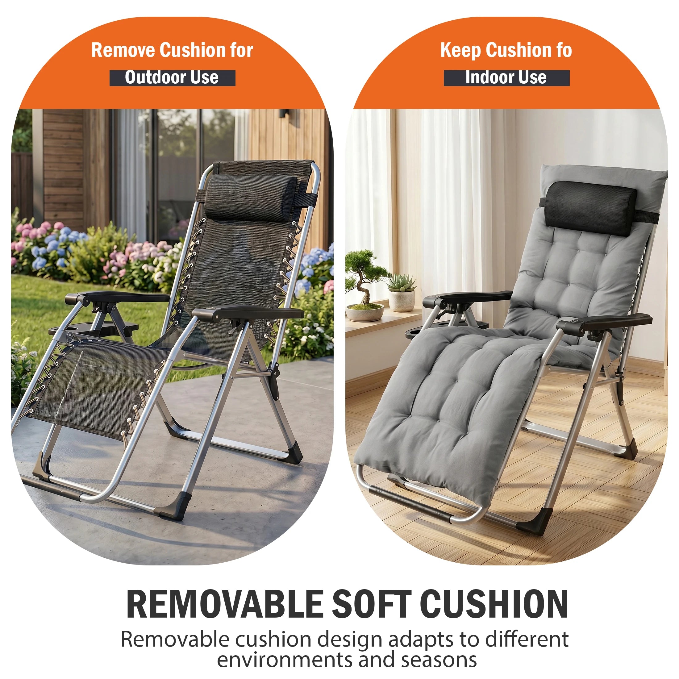 Reclining Camping Lounge Chair Soft Cushion Patio Chairs with Cup Holder Trays and Removable Cushion Folding
